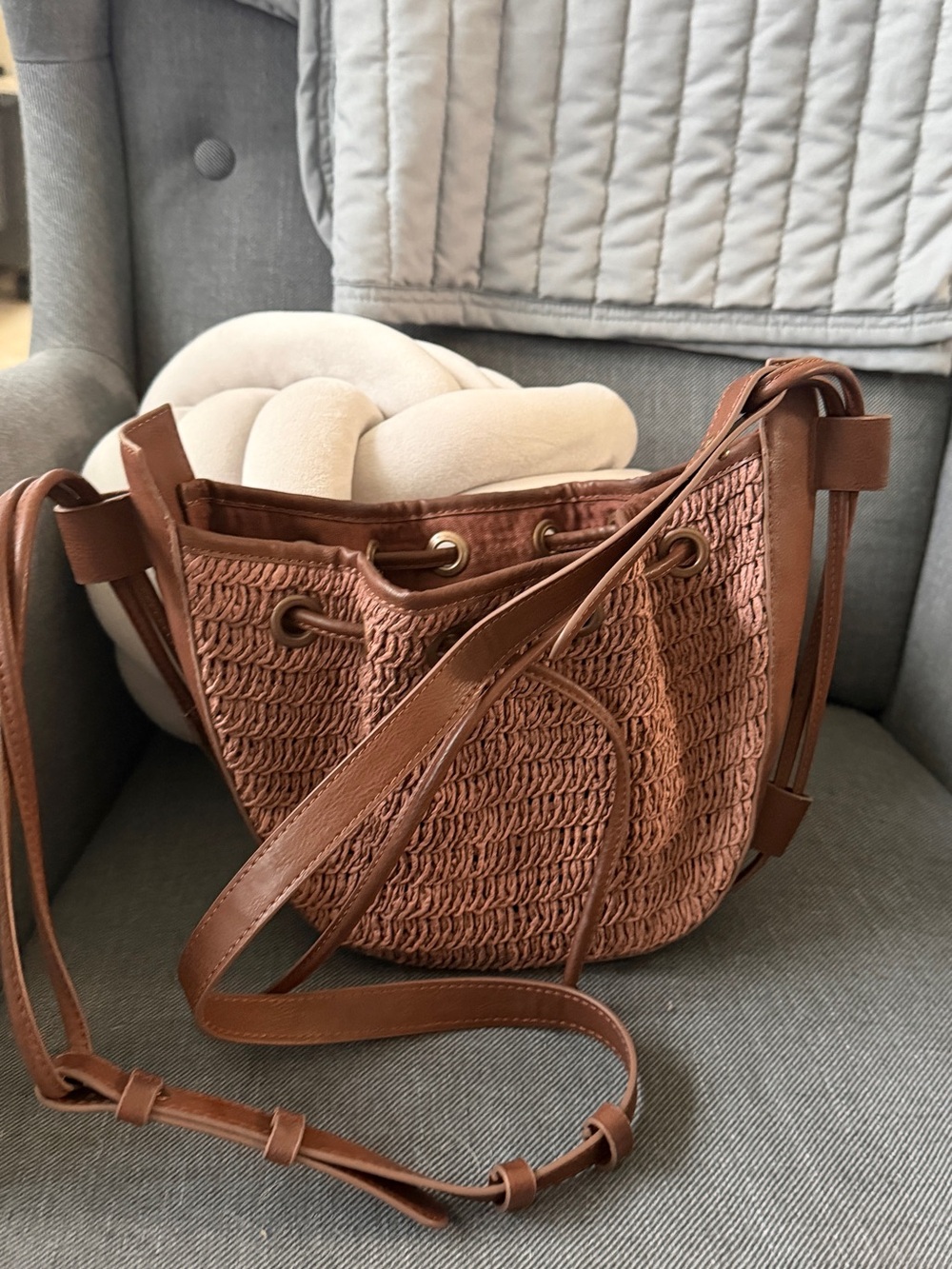 Zara Brown Woven Bucket Crossbody Bag